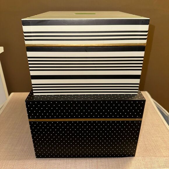 Kate Spade Nesting Box Set of 2 - Black Cream Polka Dots and Stripes NWT - Picture 1 of 11
